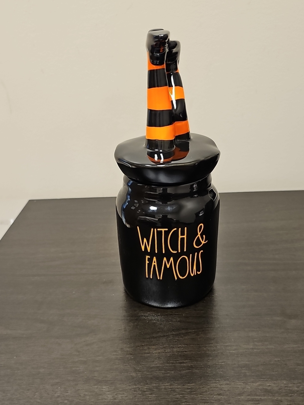 Rae Dunn Witch & Famous Black Ceramic Halloween Jar with Orange Accents